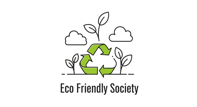 Eco Friendly Society Logo with Recycling Symbol, Plants, and Clouds - Green Planet Concept