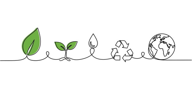 Eco-friendly concept: leaf, sprout, water drop, recycle symbol, earth in continuous line art.