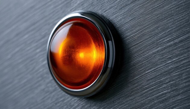 A glowing orange indicator light embedded in brushed metal panel with reflective chrome bezel