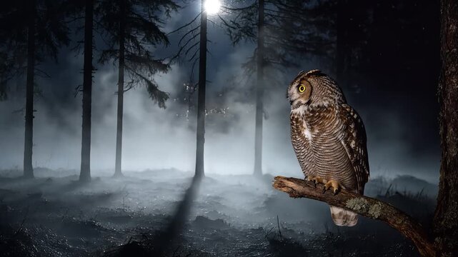 Great Horned Owl Perched in Misty Night Forest