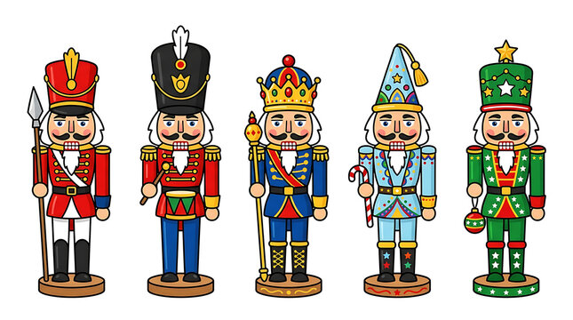 Five colorful nutcrackers stand in a row on wooden bases