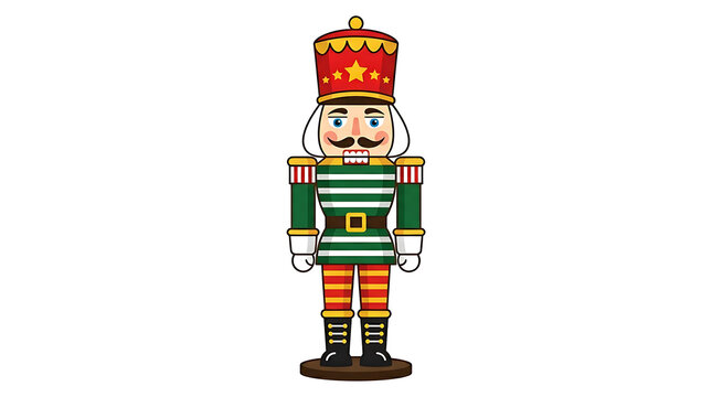 A colorful illustration of a standing nutcracker soldier in festive attire