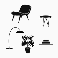 Fototapeta premium 5 Modern Interior Icons — Armchair, Side Table, Floor Lamp, Monstera Plant & Book Stack — Minimalist Living Set 