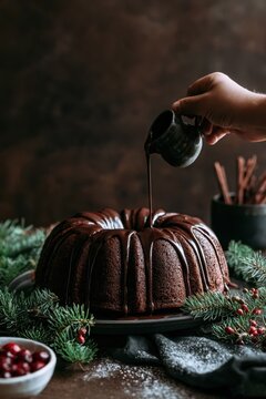 A hand pours rich dark chocolate glaze over a chocolate bundt cake adorned with evergreen sprigs and red berries on a rustic table