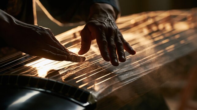 Close-up of a skilled musician&rsquo;s hands delicately plucking the strings of a 13-string koto in a dimly lit, moody room. Warm golden light catches the glossy black lacquer and cedar wood, dust motes da