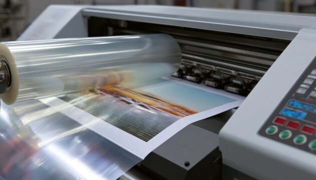 A laminating machine applying a clear protective film to a printed document