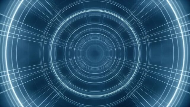 Abstract digital blue tunnel with concentric circles and intersecting lines
