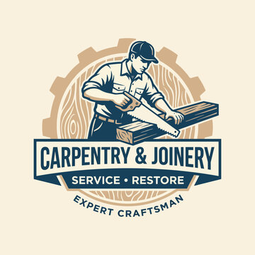 This logo showcases a skilled craftsman using a saw on wood, symbolizing professional carpentry and joinery services with a vintage aesthetic and dynamic design.