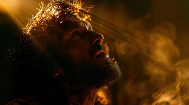 A man with long dark hair and beard wearing a crown of thorns in golden light