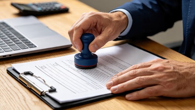 Professional notary public stamping legal document on clipboard with laptop and calculator in background