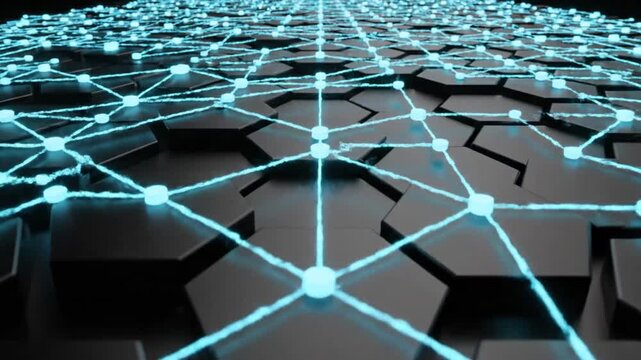 3D hexagonal grid with blue glowing network lines.