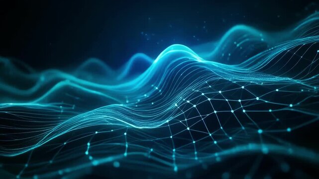 Abstract digital wave formed by interconnected glowing blue dots and lines