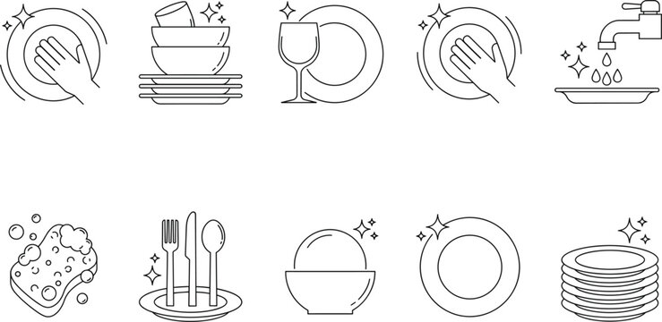 Dish washing vector icon set with clean plate stack sponge bubbles cutlery faucet and hand wiping dishware isolated on white background