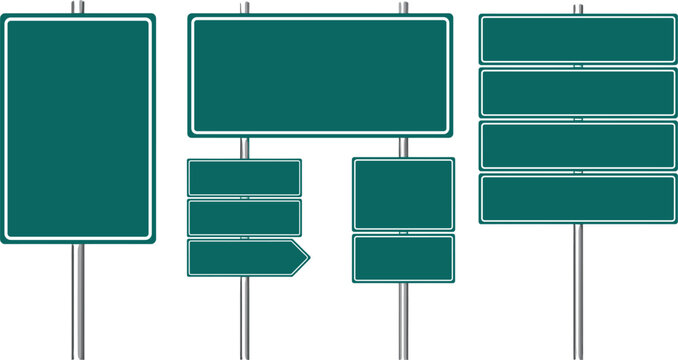 Blank green road signs vector template set with isolated highway street signage billboards and pointer boards for direction information layout