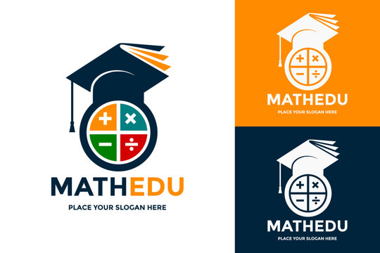 Math education graduation cap logo. School learning mathematics calculator book vector concept.