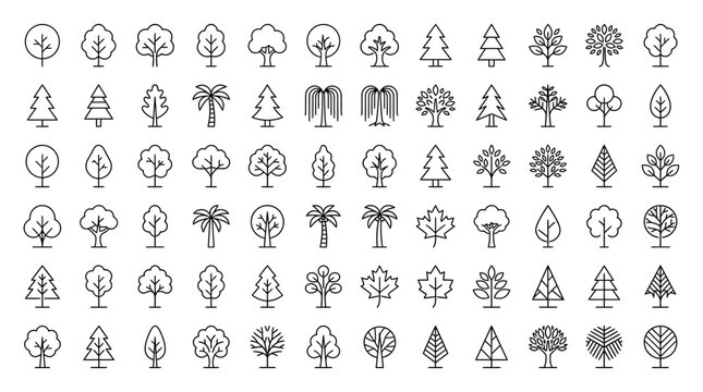 Variety of Tree Line Icons Illustrating Nature's Diversity and Greenery