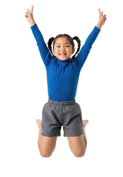 Young asian girl (7-9) in a cobalt blue turtleneck leaping high with arms raised triumphantly, smiling ecstatically against a shadowless white studio cyclorama. Concept of youthful triumph and energy