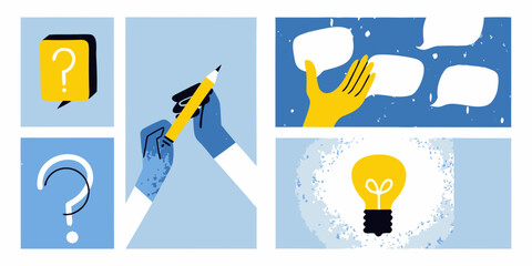 Four panel Illustration Of Question Marks Writing Ideas And Light Bulbs © Mira