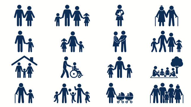 Vector Set of Diverse Family Silhouette Icons for Social and Demographic Use