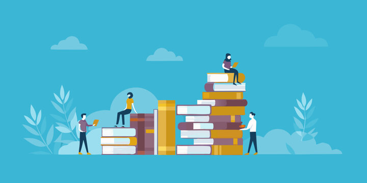 People Climbing Stacks Of Books A Flat Vector Illustration