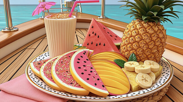 Tropical Fruit Dessert Tray on Boat Deck by Turquoise Sea