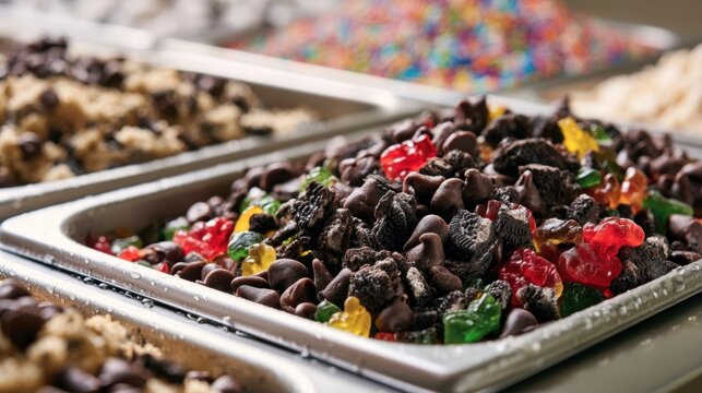 Assorted candy and nut mix in metal serving bins at a buffet station