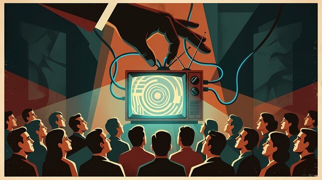 Hypnotic television influence over a mesmerized crowd of people.