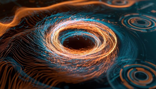 Abstract glowing vortex of orange and blue light swirls in dark space