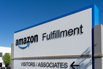 Fototapeta premium Scarborough, Toronto, Canada - June 27, 2026: A signage for Amazon Fulfillment Centre. Scarborough, Toronto, Canada.