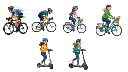 Obraz premium Set of people riding bicycles and electric scooters