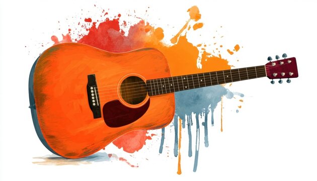 Acoustic guitar with vibrant watercolor splashes