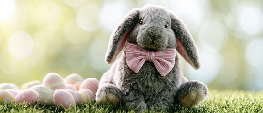 Adorable grey plush easter bunny with pink bow tie sitting among pastel eggs on green grass
