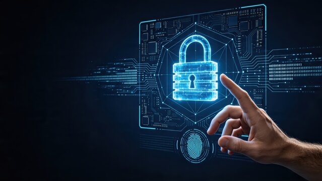 Digital cybersecurity concept, hand touching hologram padlock on circuit board, data protection, privacy, network security, firewall, encryption technology
