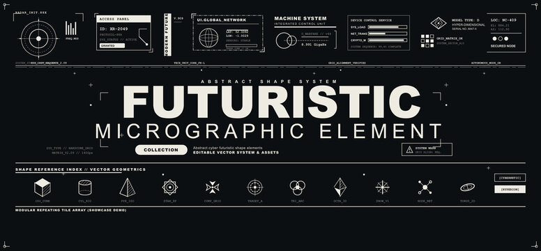 Futuristic Micrographic Element Collection with HUD Icons Geometric Shapes and Technical Symbols on Dark Background for Sci-Fi Game UI and Tech Design
