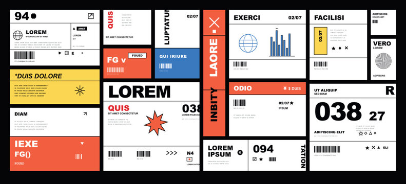 Brutalist Bauhaus Inspired Ticket and Label Card Collage with Bold Typography Numbers and Barcode Elements for Editorial Streetwear and Urban Graphic Design