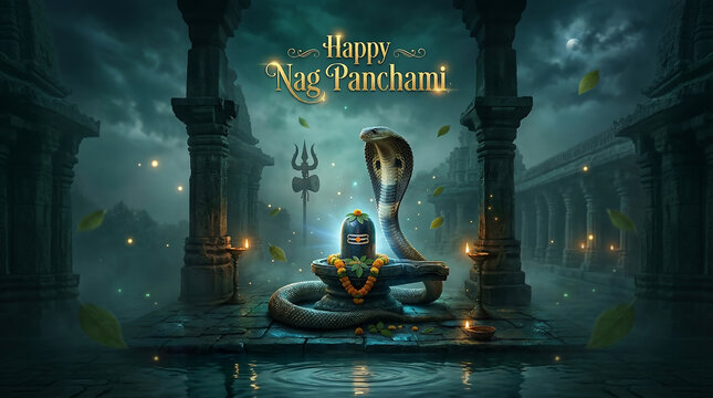 Sacred snake and shiva lingam decorated with flowers and lamps during nag panchami festival at night in a mythical temple setting