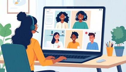 Fototapeta premium Laptop Illustration of a Woman Video Conferencing with Colleagues in a Modern Office Setting