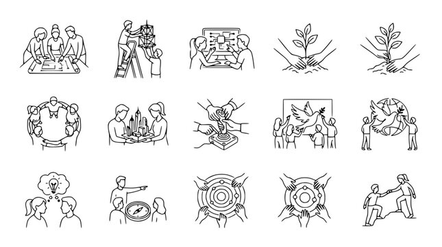 Teamwork, Collaboration, and Growth Icons Set: Business, Ideas, and Peace Concepts