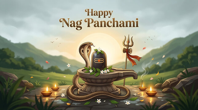 Colorful nag panchami festival illustration with snake shiva trident black shiva lingam and traditional elements in a serene nature scene for religious celebration