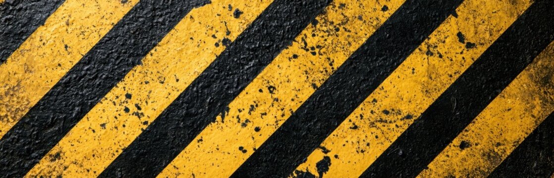 Aged and distressed black and yellow diagonal striped industrial floor marking