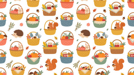 Fototapeta premium Autumn Harvest Basket Pattern with Squirrels, Rabbits, Hedgehogs - Flat Design