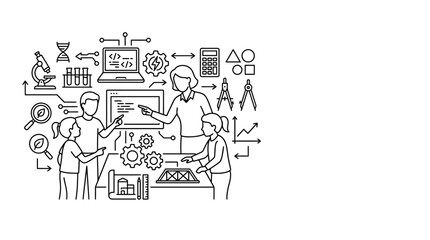 Obraz premium Funny business cartoon man and woman working at computer creating sketch drawing for happy birthday card illustration, comic humor gag, workplace fun