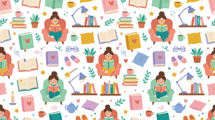 Fototapeta premium Cute Seamless Pattern with Girls Reading Books, Cozy Home Elements