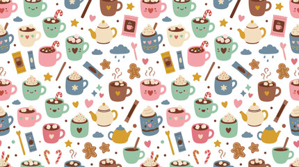 Fototapeta premium Cute Flat Cartoon Hot Chocolate Tea Seamless Pattern with Winter Holiday Mugs Treats