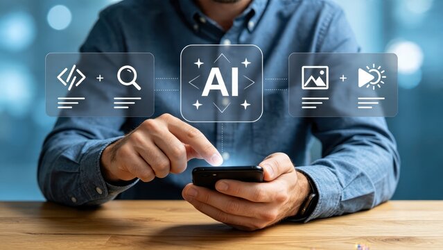 Man using smartphone with artificial intelligence interface, AI technology concept, mobile app development, digital assistant features, coding and media processing icons floating
