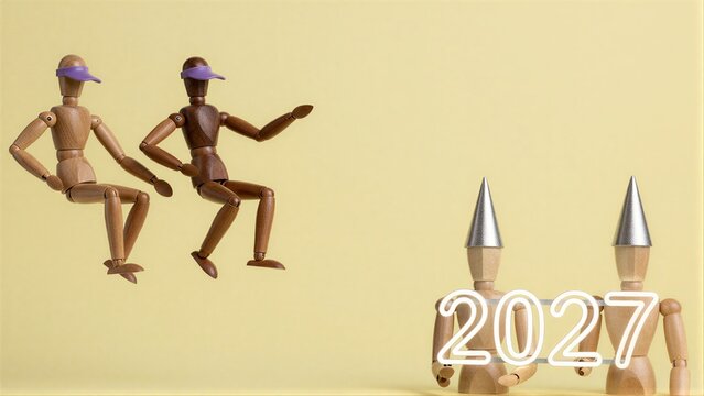 Wooden figures leap ahead, leaving 2027 behind in silver cones.