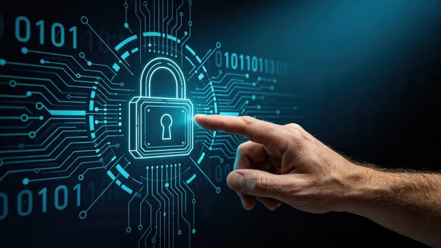 Finger touching digital security lock icon on circuit board background, cyber protection concept, data privacy safety, biometric authentication technology