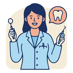 Fototapeta premium Female Dentist Holding Mouth Mirror and Probe Dental Care Flat Line Icon Vector 