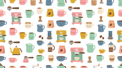 Fototapeta premium Cute Coffee Pattern: Kawaii Mugs, Coffee Machines, and Beans Seamless Background