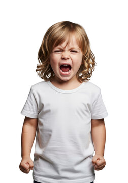 ultra-realistic photo of a screaming blonde caucasian toddler (3) in a white tee, clenched fists, standing rigidly against a neutral transparent studio background. concept of overwhelming childhood